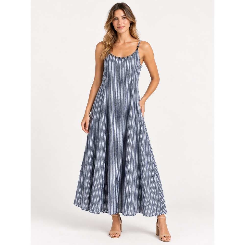 Calypso St Barth Blue White Striped Beaded Neckline Maxi Dress Pockets Boho